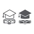 Graduation cap line and glyph icon, graduate and knowledge, academic hat sign, vector graphics, a linear pattern on a Royalty Free Stock Photo