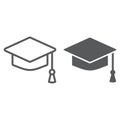 Graduation cap line and glyph icon, school and education, university hat sign vector graphics, a linear pattern on a Royalty Free Stock Photo