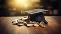 Graduation cap with money and coins showing financial burden of student loan debt crisis Royalty Free Stock Photo