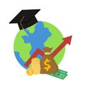 Graduation cap and money profits and global economy world savings icon vector illustration in flat style