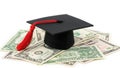 Graduation cap on money stack isolated on white background Royalty Free Stock Photo