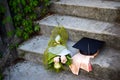 Graduation cap or mortaboard with a bunch of roses on the old stairs  in the graduation day Royalty Free Stock Photo