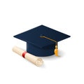 Graduation cap or mortar board and rolled diploma scroll . Royalty Free Stock Photo