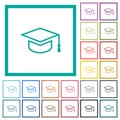 Graduation cap outline flat color icons with quadrant frames