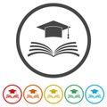 Graduation cap over open Book icon, Education icon, 6 Colors Included Royalty Free Stock Photo