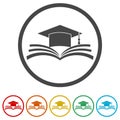 Graduation cap over open Book icon, Education icon, 6 Colors Included Royalty Free Stock Photo