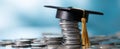 The Graduation Cap Perched on a Stack of Coins Represents Financial Success.AI generated image Royalty Free Stock Photo