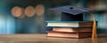 The graduation cap placed atop a stack of books in an academic setting..AI generated image Royalty Free Stock Photo