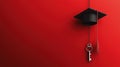 Graduation cap on red background with hanging key symbolizing success Royalty Free Stock Photo