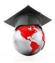 Graduation cap on red and gray colored globe. 3D illustration