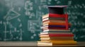 The graduation cap resting on a vibrant stack of educational books.AI generated image Royalty Free Stock Photo
