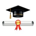Graduation cap and rolled diploma scroll with stamp. Finish education concept. Academic hat with tassel and university Royalty Free Stock Photo