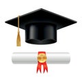 Graduation cap and rolled diploma scroll with stamp. Finish education concept. Academic hat with tassel and university Royalty Free Stock Photo