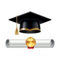 Graduation cap and rolled diploma scroll with stamp. Finish education concept. Academic hat with tassel and university