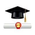 Graduation cap and rolled diploma scroll with stamp. Finish education concept. Academic hat with tassel and university Royalty Free Stock Photo