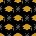 Graduation cap seamless pattern. Grad ceremony backdrop. Vector template for fabric, textile, wrapping paper, wallpaper Royalty Free Stock Photo