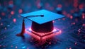 Graduation cap sits on glowing circuit board. Digital brain signifies artificial intelligence learning. Future education meets Royalty Free Stock Photo