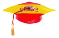 Graduation cap with Spanish flag. Education in Spain or learn Spanish language, concept. 3D rendering Royalty Free Stock Photo