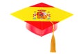 Graduation cap with Spanish flag. Education in Spain or learn Spanish language, concept. 3D rendering Royalty Free Stock Photo