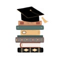 Graduation cap and stack of book isolated on white. Back to school concept. Vector illustration Royalty Free Stock Photo