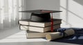 Graduation Cap on Stack of Books with Diploma Royalty Free Stock Photo