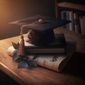 Graduation cap on stack of books. Education concept. 3d rendering Royalty Free Stock Photo