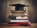 Graduation cap on stack of books on grunge background Royalty Free Stock Photo