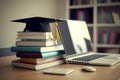 Graduation cap on stack of books, laptop and smartphone on desk . Generative AI Royalty Free Stock Photo