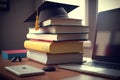 Graduation cap on stack of books, laptop and smartphone on desk . Generative AI Royalty Free Stock Photo