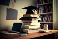 Graduation cap on stack of books, laptop and smartphone on desk . Generative AI Royalty Free Stock Photo