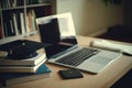 Graduation cap on stack of books, laptop and smartphone on desk . Generative AI Royalty Free Stock Photo