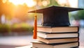 Graduation Cap on Stack of Books in Sunset Light â AI Generated Education Concept Royalty Free Stock Photo