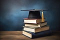 Graduation cap on stack of books on wooden table. Education concept, Book stack with a graduation hat on top of the books with Royalty Free Stock Photo