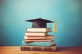 Graduation cap and stack of books on wooden table over blue background, Book stack with a graduation hat on top of the books with Royalty Free Stock Photo