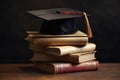 Graduation Cap On Stack Of Mortarboards, Emphasizing Accomplishments. Generative AI