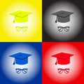 Graduation cap, student accessories hat and glasses. Yellow, black,blue, red.