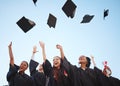 Graduation cap, student and graduate class happy at a diploma and education success ceremony. University or college