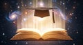 Graduation Cap Symbolizing Academic Achievement Floating Above a Book of Universal Knowledge Royalty Free Stock Photo