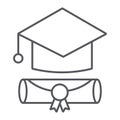 Graduation cap thin line icon, graduate and knowledge, academic hat sign, vector graphics, a linear pattern on a white Royalty Free Stock Photo