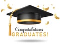 Graduation cap vector design. Graduation greeting with realistic mortar cap with golden tassel in confetti background.