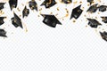Graduation caps confetti. Flying students hats with golden ribbons isolated. University, college school education vector