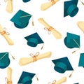 Graduation caps with diploma hand drawn seamless pattern. Vector repeated background with academic hat and diploma Royalty Free Stock Photo