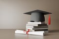 Graduation caps and diplomas on stacked books, 3d Royalty Free Stock Photo