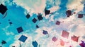 Graduation caps joyously tossed into the vibrant sky, symbolizing unique journeys and achievement