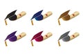 Graduation caps, mortarboards and diploma scrolls