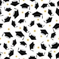 Graduation caps seamless pattern. Hats thrown up. Grad ceremony backdrop. Vector template for fabric, textile, wallpaper