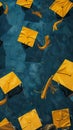Graduation caps thrown in the air against blue background, celebration concept Royalty Free Stock Photo
