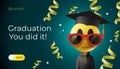 Graduation cartoon emoji wearing sunglasses and a graduation cap with party serpentine