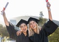 Graduation, celebration and portrait of women cheering for scholarship success. Happy female students, graduate