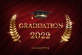 2022 graduation ceremony banner. Award concept with academic hat, golden ribbon and text on dark red curtain background. Royalty Free Stock Photo